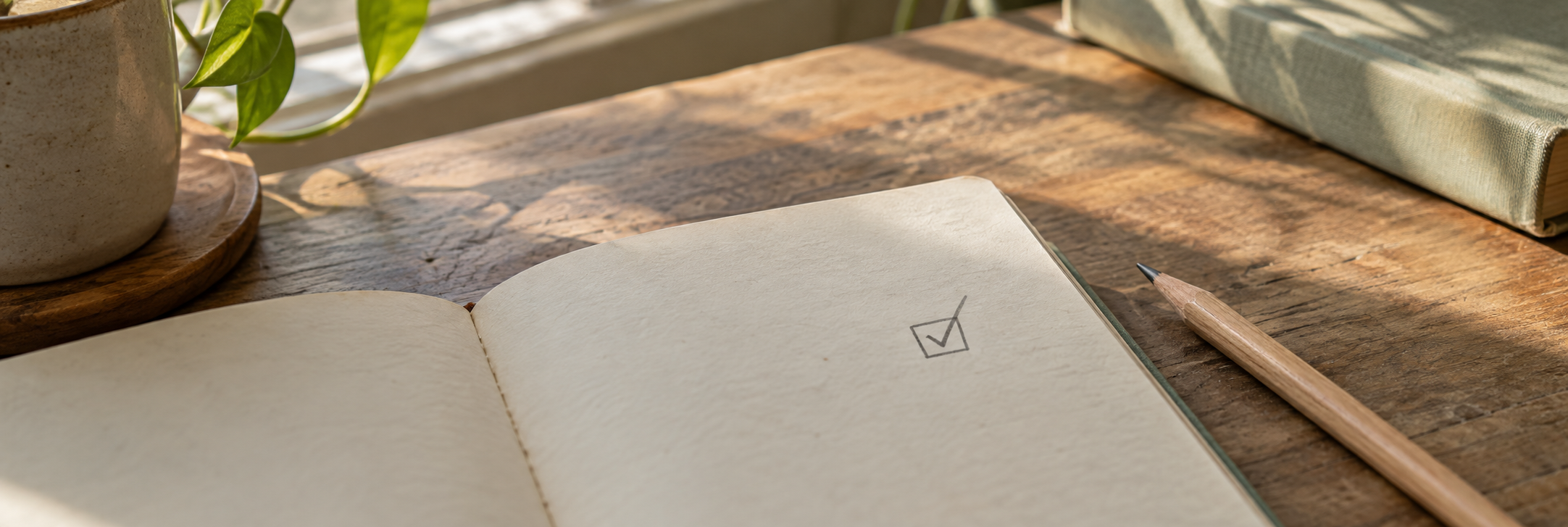 A pencil and notebook with one small completed tick, representing a simple promise kept.