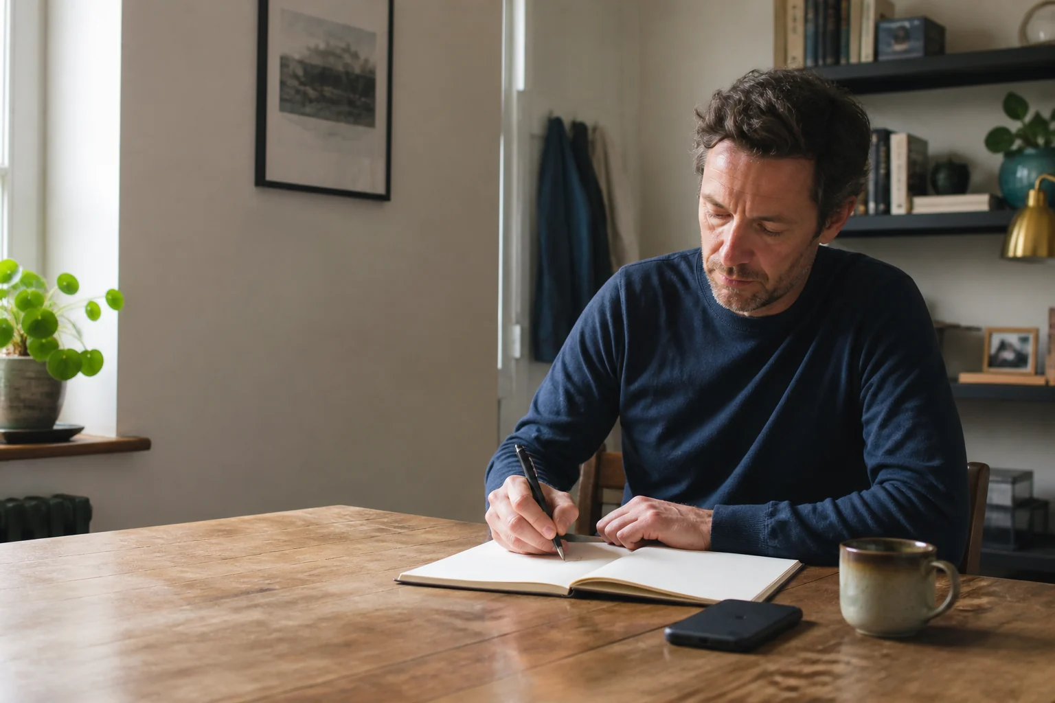 A man begins writing in a workbook after placing his phone face-down.