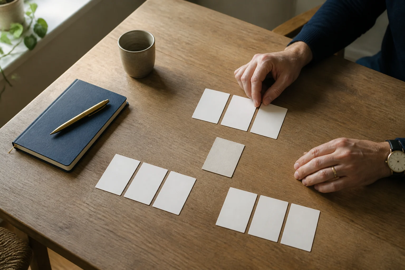 Hands arranging cards for the nine Telos exercises around a central intention.
