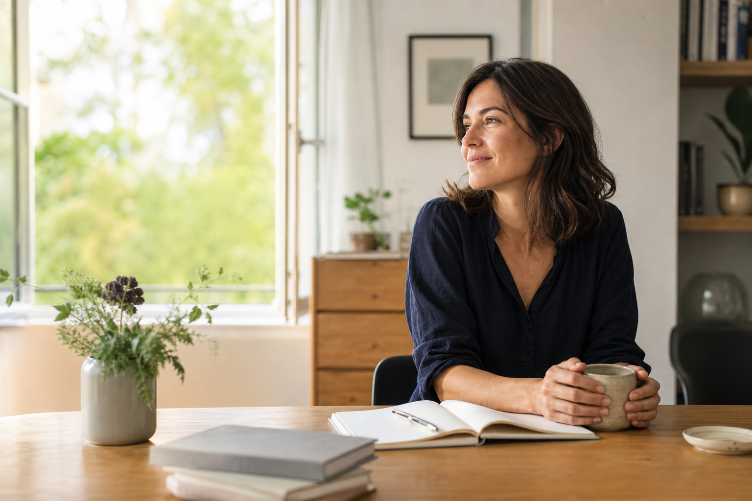 A relaxed person sitting in a bright workspace after completing a task