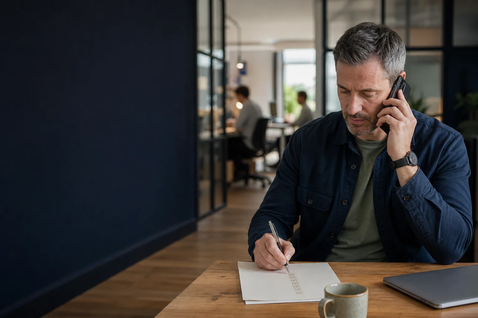 A sales professional on a call, making notes at his desk.